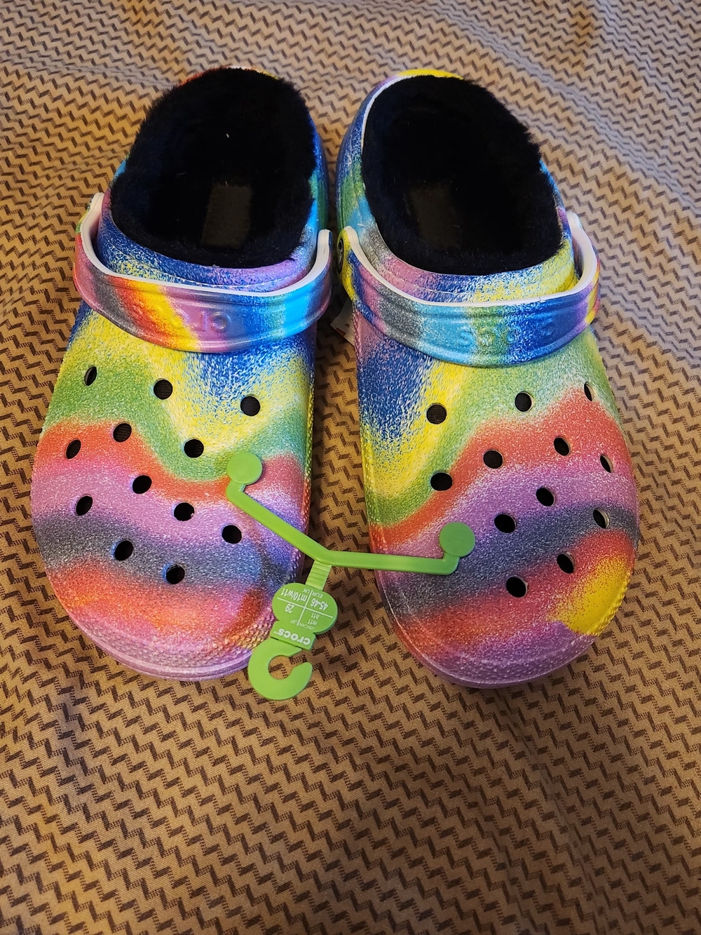CROCS Woman's or Men's Rainbow Foam Clogs with Black Fleece Lining